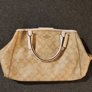Used Coach Beige Signature Canvas Tote with Light Trim